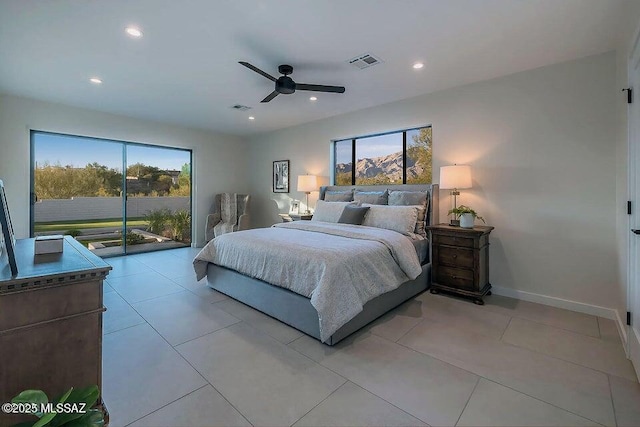 bedroom featuring light tile patterned flooring, access to exterior, and ceiling fan