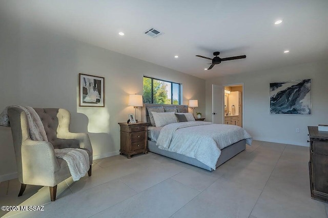 bedroom with ceiling fan and ensuite bathroom