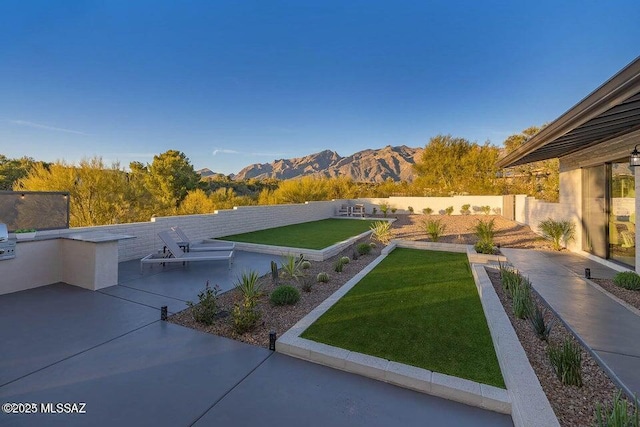 view of yard featuring a mountain view and a patio