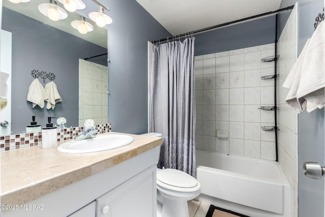 full bathroom with shower / tub combo, vanity, decorative backsplash, and toilet