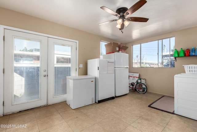 washroom with washer / dryer, french doors, ceiling fan, and a wealth of natural light