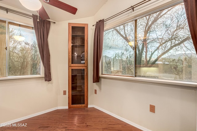 interior space with ceiling fan and dark hardwood / wood-style flooring