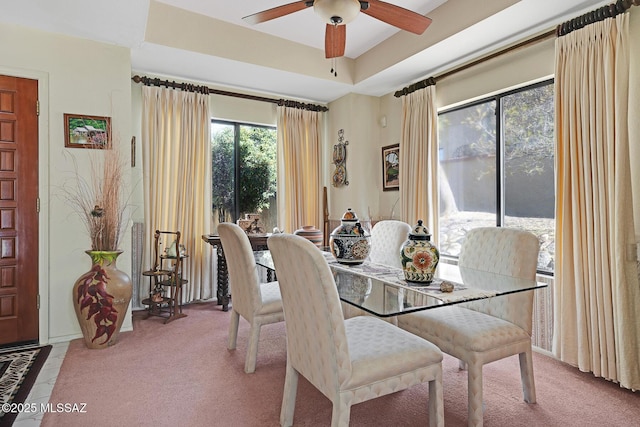 dining room with ceiling fan, light carpet, and a tray ceiling