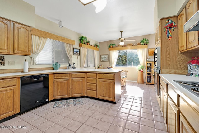 kitchen with dishwasher, sink, ventilation hood, kitchen peninsula, and light tile patterned floors