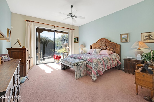 bedroom with ceiling fan, light colored carpet, and access to outside