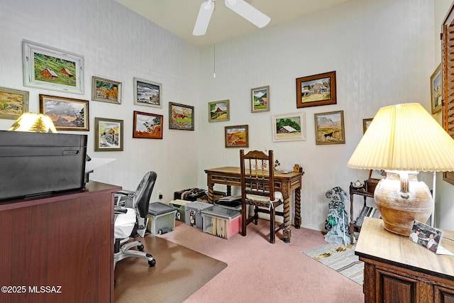 office area featuring ceiling fan and light colored carpet