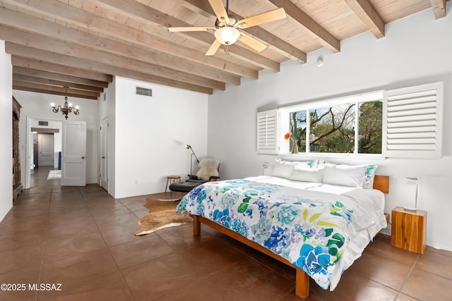 tiled bedroom with a notable chandelier, beam ceiling, and wooden ceiling