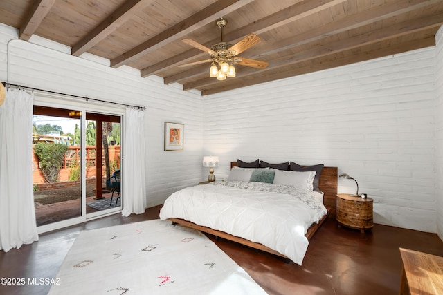 bedroom featuring access to exterior, beam ceiling, and wooden ceiling