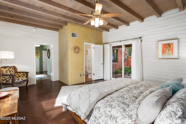 bedroom featuring wooden ceiling, connected bathroom, access to exterior, and beam ceiling