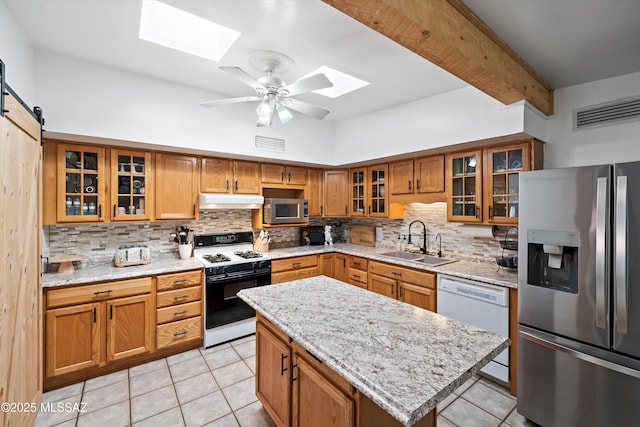 kitchen with a center island, a skylight, stainless steel appliances, sink, and a barn door