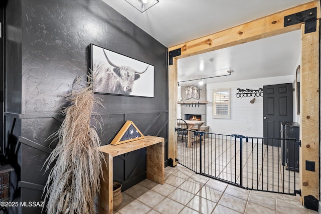 bathroom with a large fireplace