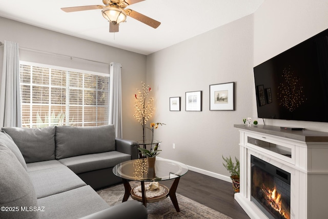 living room with hardwood / wood-style flooring, ceiling fan, and a premium fireplace