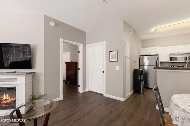 interior space with white cabinets, dark wood-type flooring, a premium fireplace, and appliances with stainless steel finishes