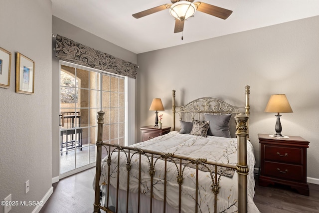 bedroom with wood-type flooring, ceiling fan, and access to outside