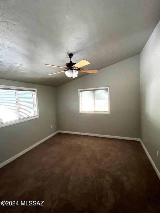 carpeted spare room featuring a textured ceiling, vaulted ceiling, and a wealth of natural light