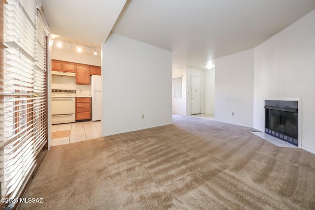 unfurnished living room featuring light colored carpet