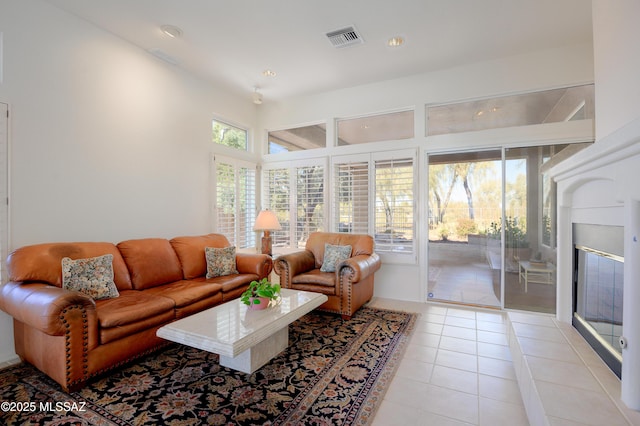 living room featuring light tile patterned flooring