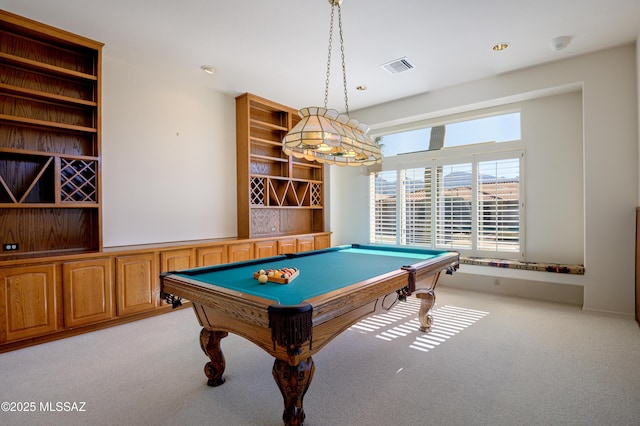 playroom featuring pool table and light carpet