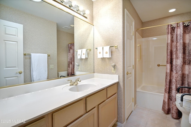 full bathroom featuring toilet, vanity, shower / tub combo, and tile patterned flooring