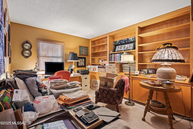 carpeted office space with built in shelves and a textured ceiling