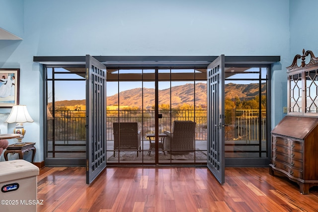 entryway with dark hardwood / wood-style flooring and a mountain view