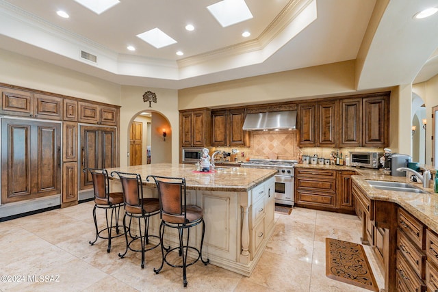 kitchen with wall chimney exhaust hood, stainless steel appliances, a raised ceiling, a kitchen island with sink, and sink