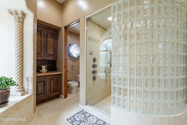 bathroom with walk in shower and a bidet