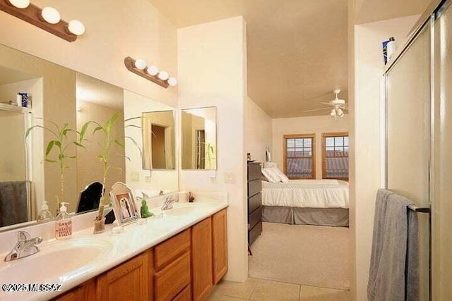 bathroom with vanity, tile patterned flooring, and ceiling fan