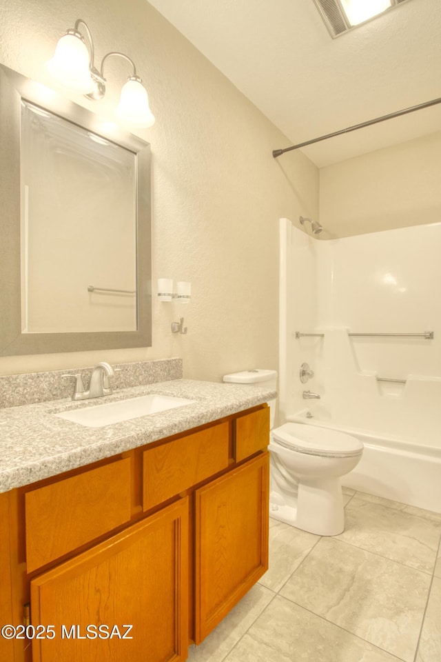 full bathroom with toilet, shower / bath combination, tile patterned floors, and vanity