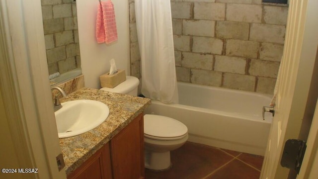 full bathroom with toilet, tile patterned flooring, shower / bath combination with curtain, and vanity