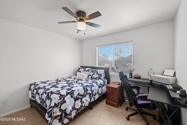 bedroom featuring ceiling fan and light tile patterned floors