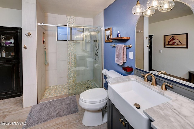 bathroom with vanity, a shower with door, and toilet