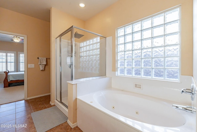 bathroom with tile patterned flooring, independent shower and bath, and ceiling fan