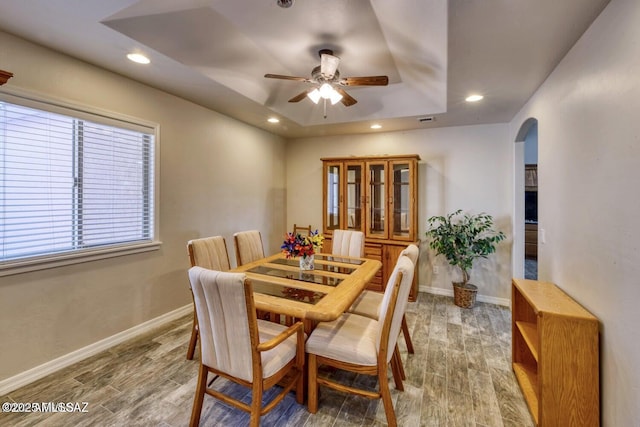 dining room with a tray ceiling and ceiling fan