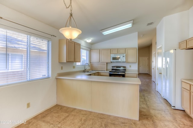 kitchen with sink, light brown cabinets, white appliances, and kitchen peninsula