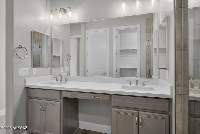 bathroom with walk in shower and vanity