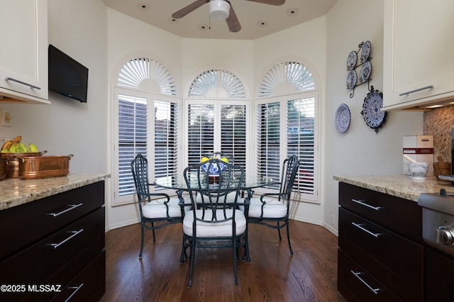 dining room featuring ceiling fan and dark hardwood / wood-style floors