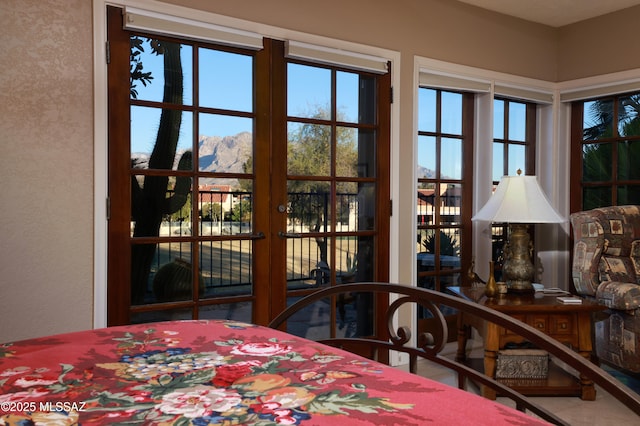 bedroom featuring a mountain view