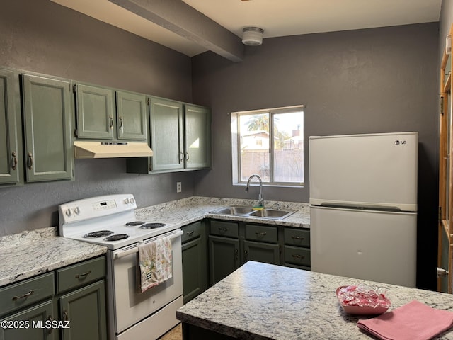 kitchen featuring white appliances, beamed ceiling, sink, green cabinetry, and light stone counters