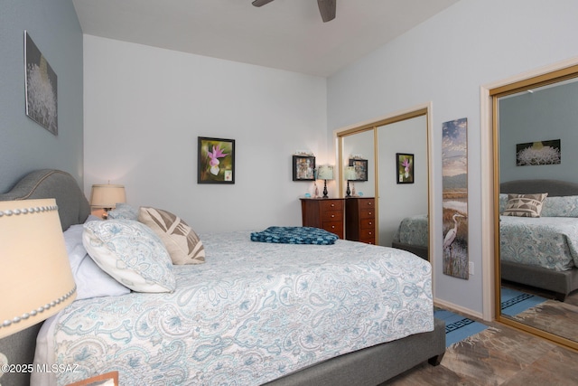 bedroom featuring ceiling fan and a closet