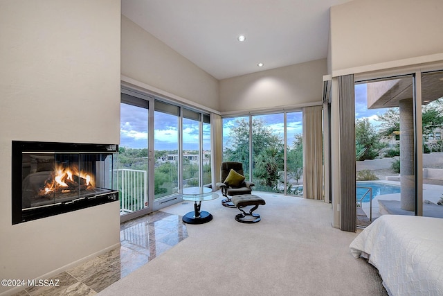 bedroom featuring access to outside, a multi sided fireplace, and multiple windows