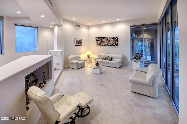 living room featuring light tile patterned floors