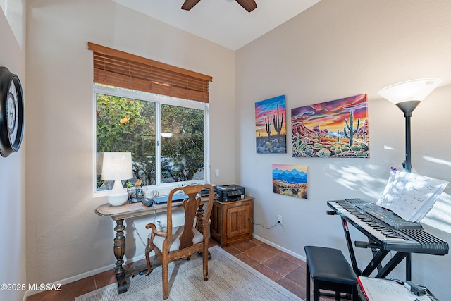 tiled home office with ceiling fan