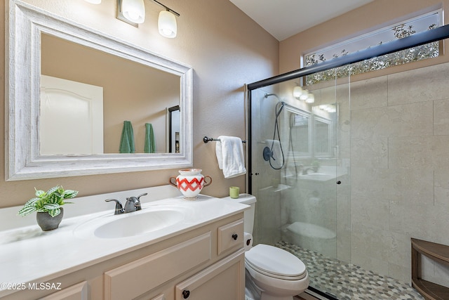 bathroom featuring vanity, an enclosed shower, and toilet