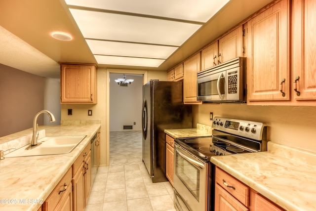 kitchen featuring a notable chandelier, stainless steel appliances, and sink