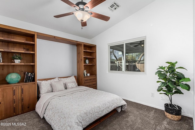 bedroom with ceiling fan, carpet, and lofted ceiling