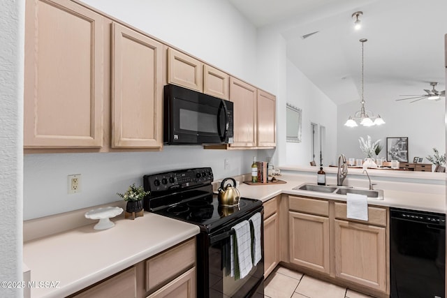 kitchen with vaulted ceiling, black appliances, sink, light brown cabinets, and light tile patterned floors