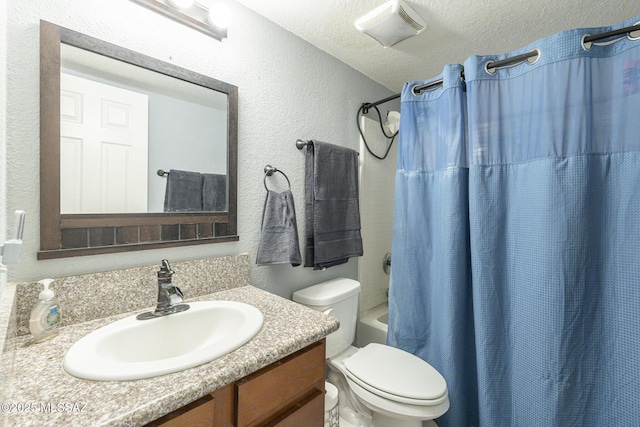 full bath featuring visible vents, a textured wall, toilet, a textured ceiling, and vanity