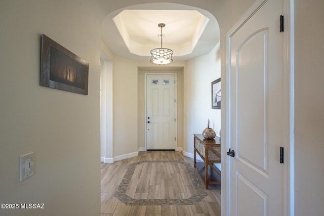 interior space with a raised ceiling and light hardwood / wood-style floors