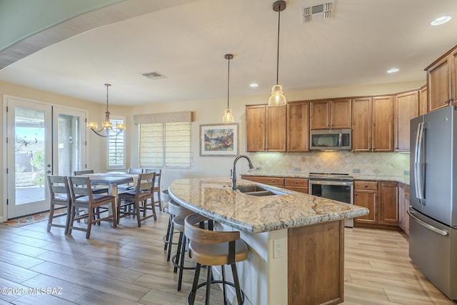 kitchen with sink, hanging light fixtures, a center island with sink, stainless steel appliances, and backsplash